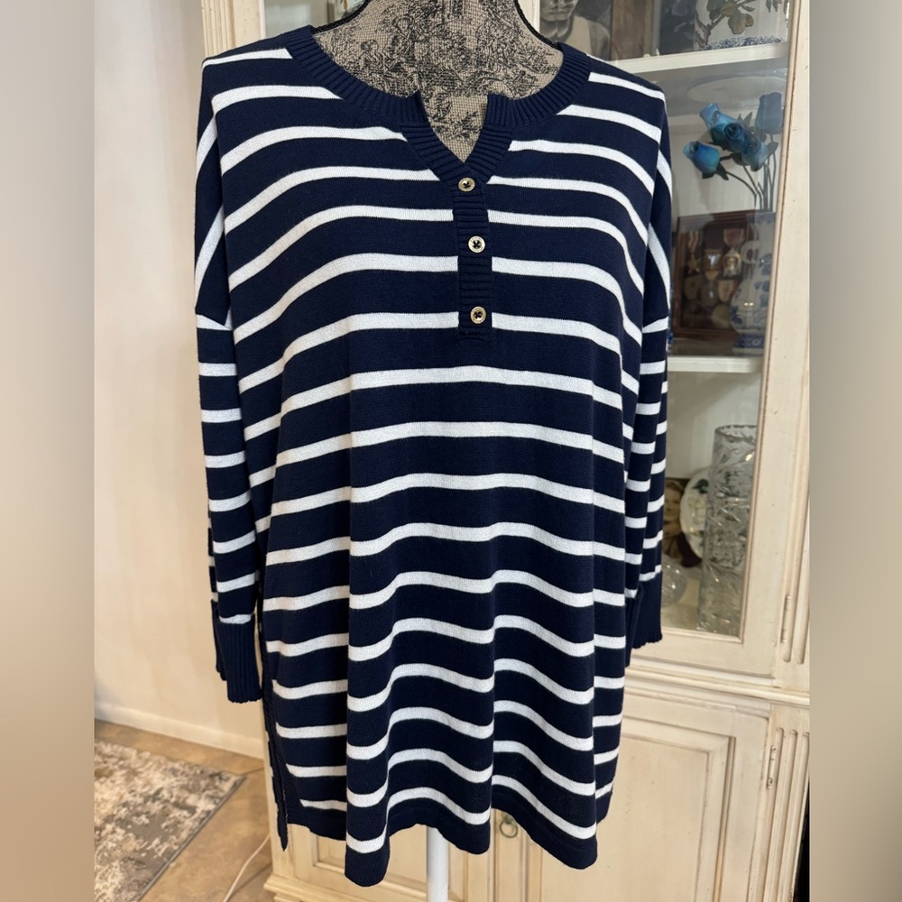 Lilly Pulitzer Faraway Cotton Tunic Sweater Navy White Stripe Medium